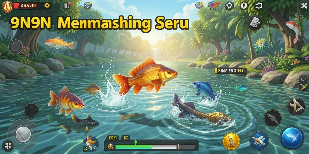 Screenshot gameplay 9N9N menampilkan aksi seru memancing di lokasi indah.