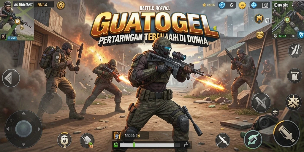 Screenshot utama GUATOGEL menampilkan aksi pertempuran Battle Royale yang intens.