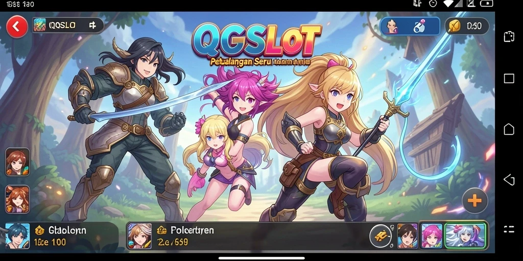 Screenshot menampilkan gameplay seru QQSLOT dengan karakter Anime yang penuh warna.