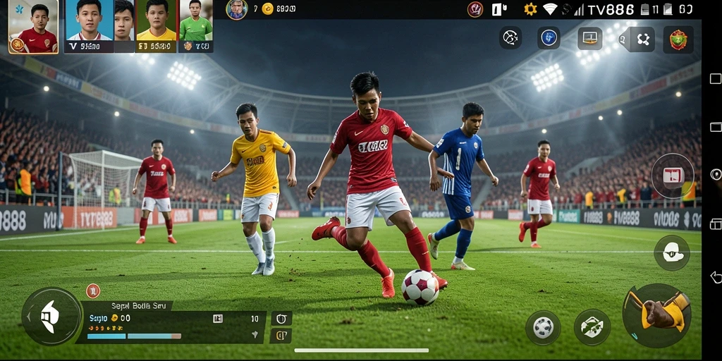 Tampilan aksi pertandingan sepak bola di TV888 yang mengesankan.