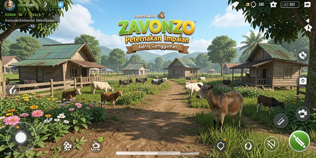 Tampilan gameplay ZAVONZO yang menarik dengan pertanian yang subur.